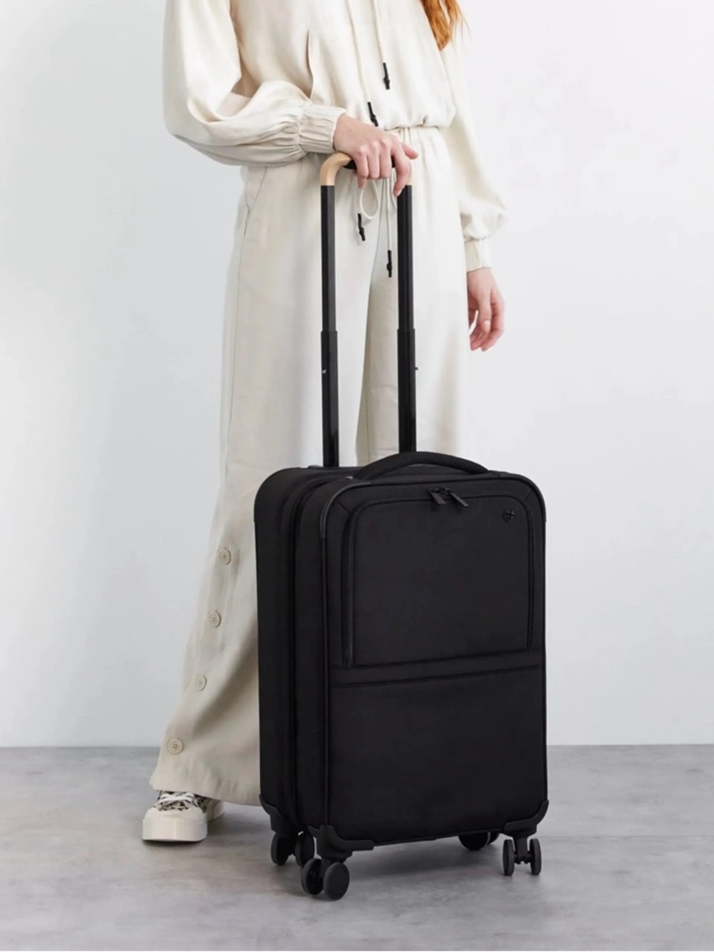 Black BIES Soft Sided Collapsible Check In Roller with Beige Handle